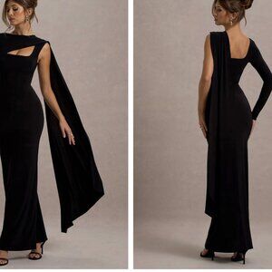 Club L Ashini Black One-Sleeve Maxi Dress With Cape Black Tie - Small / US 6